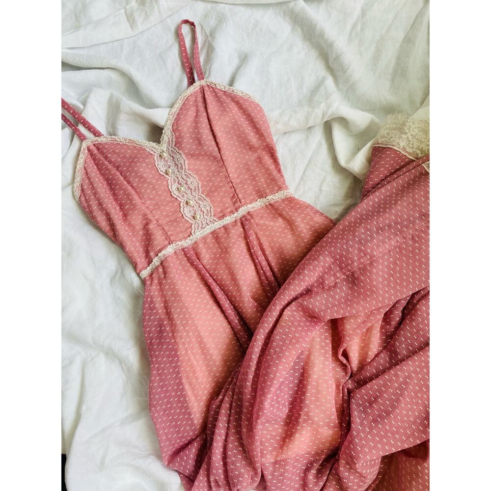 Gunne Sax 5 Pink Polka Dot Cottage Core Pearl Button Prairie maxi Dress - Picture 1 of 9